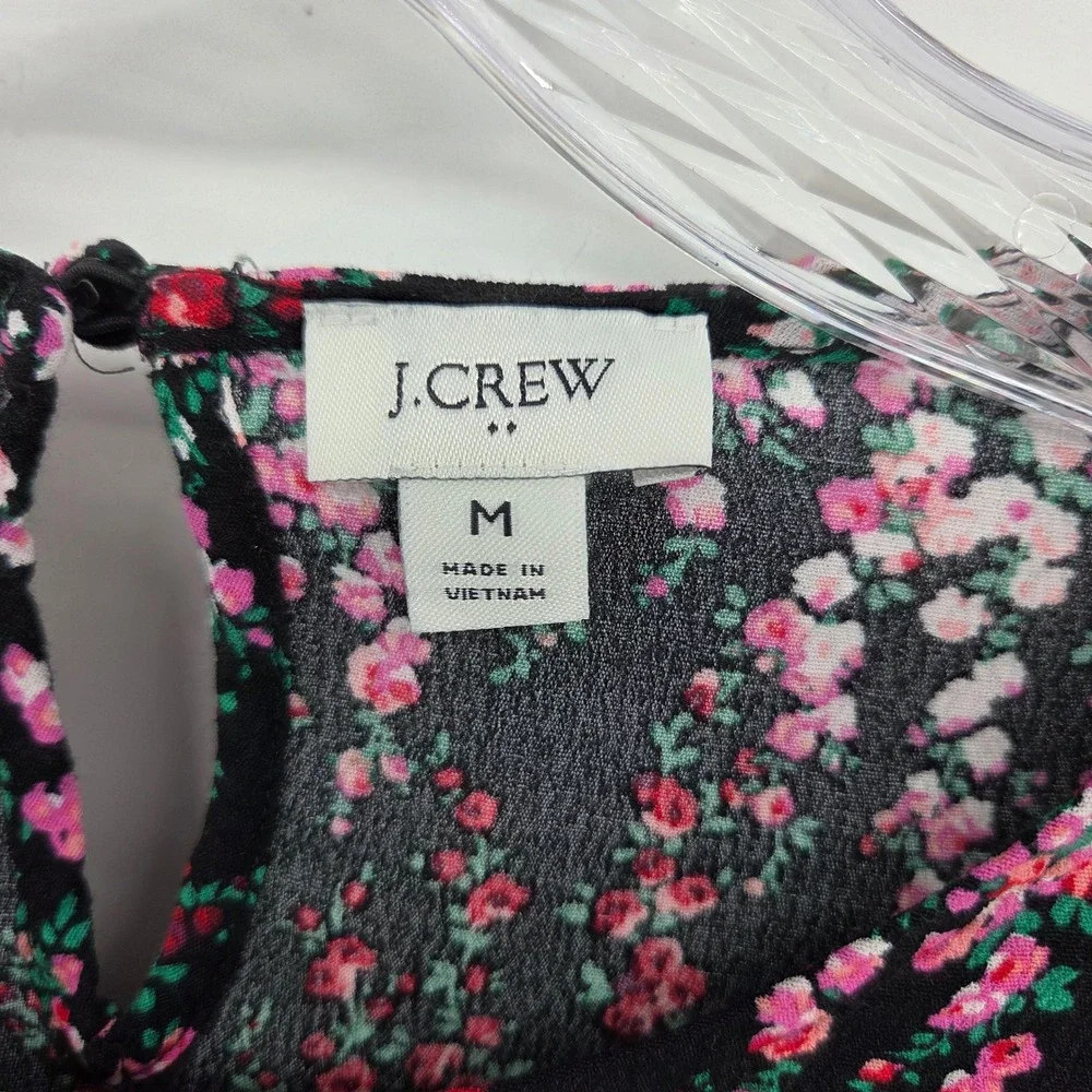 J. Crew‎ Top Medium Black Dark Floral Puff Sleeve Office Work